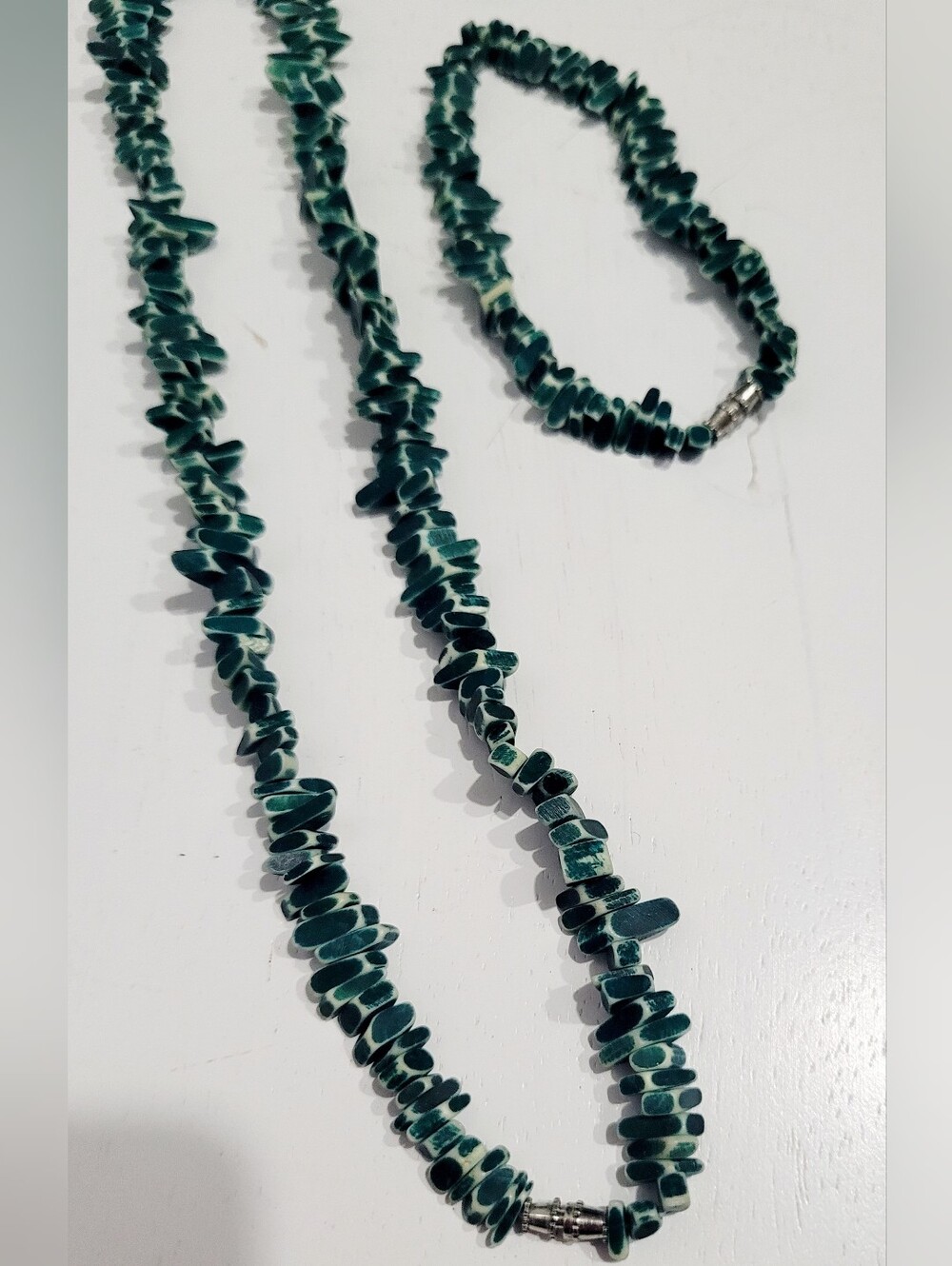 Teal Green Chip Bead Necklace & Bracelet Set Boho Jewelry